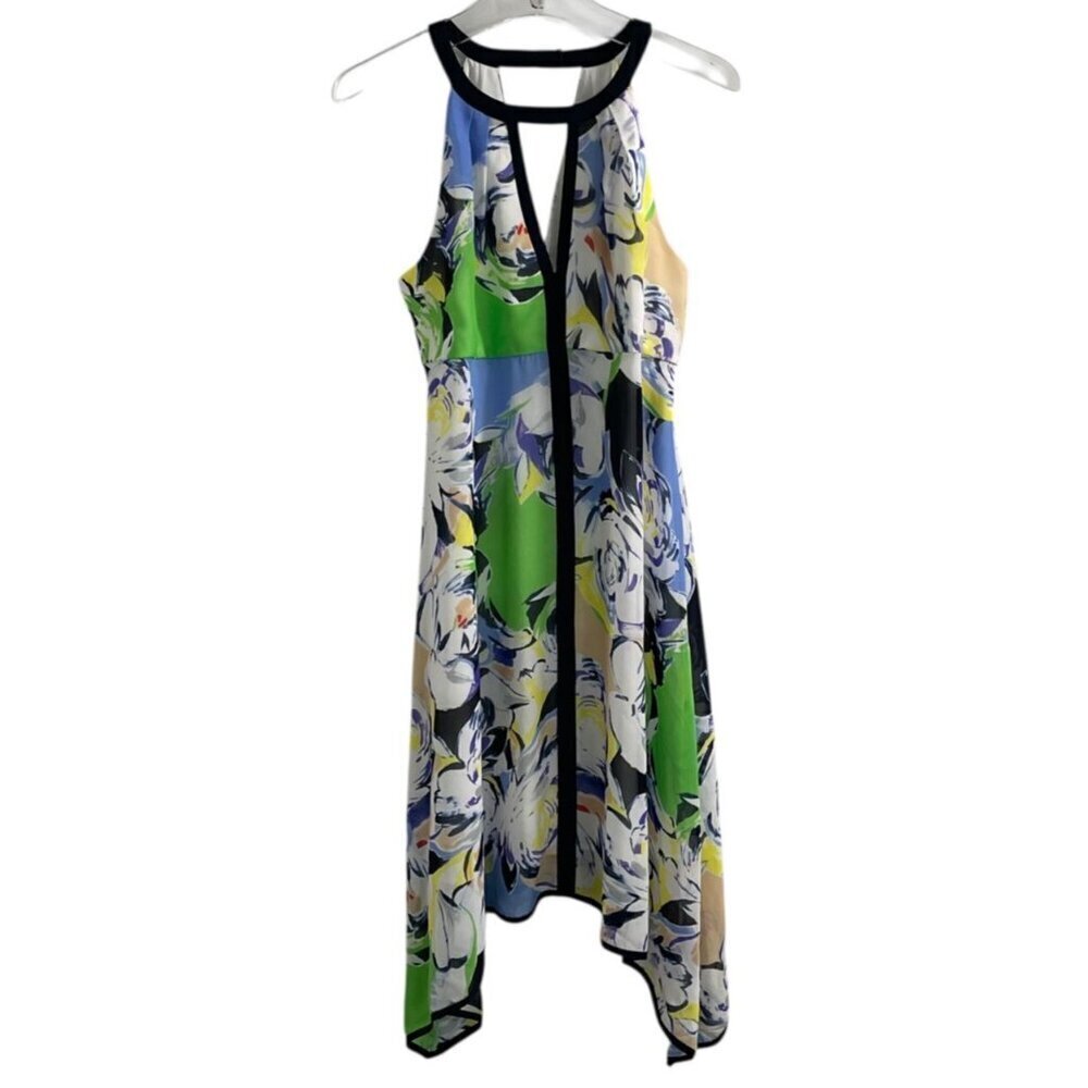 Adrianna Papell Floral Handkerchief Hem Dress Size 6 Blue Green Yellow